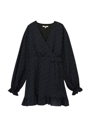 Robe portefeuille noire à pois blancs, décolleté en V profond, longues manches ballon, taille cintrée et détails de bas rufflés. Texture de tissu douce.