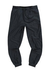 Donkergrijze sportieve joggers van gladde stof, met een elastische tailleband met trekkoord, tapered pijpen en ribgebreide manchetten.
