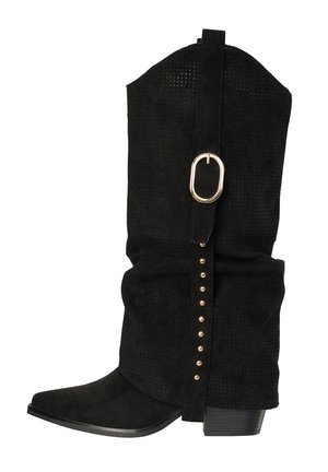 Botte mi-mollet en daim noir avec tige souple, clous dorés le long de la bride latérale, grande boucle ovale dorée, talon empilé et bout pointu.