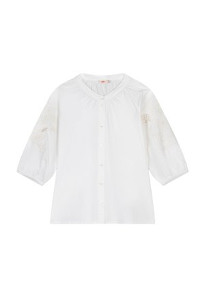 Witte blouse met knoopsluiting, driekwart pofmouwen en subtiele bloemrijke borduursels op de bovenarmen, met een ronde halslijn.