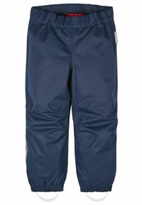 Marina vattentäta byxor med elastisk midja, smalnande anklar och reflekterande detaljer på sidorna. Slät, blank yta.