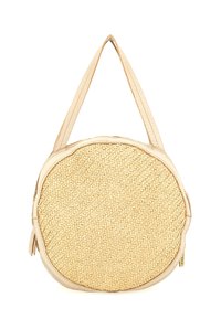 Borsa rotonda beige con corpo in paglia intrecciata e rifiniture in pelle liscia, dotata di due manici inclinati e chiusura con zip.