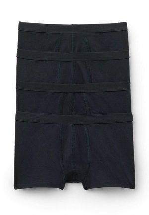 Boxer-briefs en coton noir empilés dans un arrangement plié. Texture lisse avec ceintures élastiques et détails de couture renforcée.