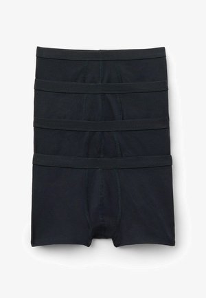 Schwarze Baumwoll-Boxershorts in gefalteter Anordnung gestapelt. Glatte Textur mit elastischen Taillenbändern und verstärkten Nähten.