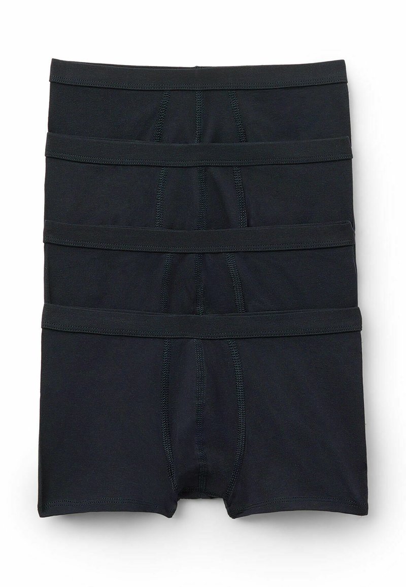 Schwarze Baumwoll-Boxershorts in gefalteter Anordnung gestapelt. Glatte Textur mit elastischen Taillenbändern und verstärkten Nähten.