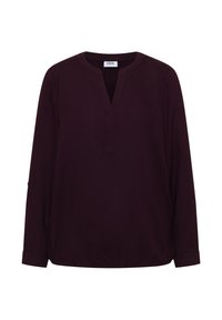 Mørklilla langærmet bluse med V-udskæring, elastisk kant, diskret syningsdetalje og manchetter. Fremstillet af glat stof.