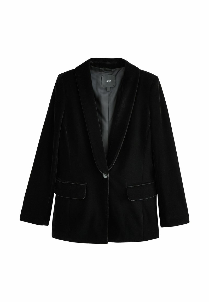 Blazer de terciopelo negro con cuello chal, cierre de un solo botón y dos bolsillos frontales. Presenta una textura suave y un corte entallado.