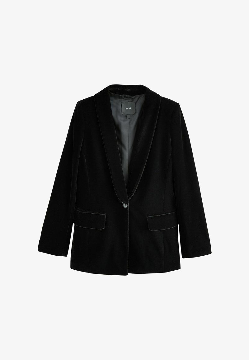 Blazer en velours noir avec col châle, fermeture à un bouton et deux poches avant. Caractérisé par une texture lisse et une coupe ajustée.