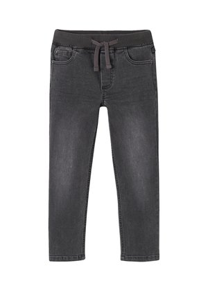 Dark gray denim-style pants with elastic waistband and drawstring, featuring front pockets and a slim fit design.