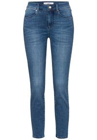 Schmale Jeans aus dunkelblauem Denim mit fünf Taschen, einem Reißverschluss und einem Knopfverschluss sowie minimalen Verwaschungen. Klassisches, tailliertes Design.