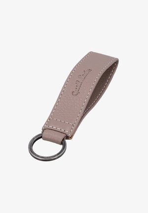 Taupe leather keyring loop with white stitching and an attached metal keyring, embossed with "Guido Paoli."