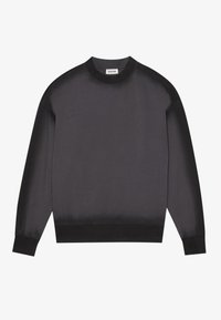 Felpa nera con una texture morbida e liscia, colletto rotondo e polsini a costine. Presenta un design minimalista senza motivi o accenti visibili.