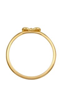 Guldplateret ring med en glat ring og en lille sløjfeaccent øverst, med en poleret finish og cirkulær form.