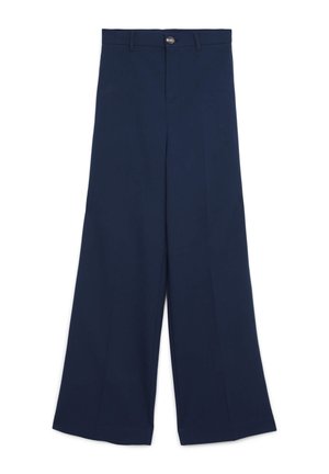 Pantaloni a gamba larga blu navy con una texture liscia, dotati di chiusura frontale a bottone e due tasche laterali, che offrono una vestibilità ampia e strutturata.
