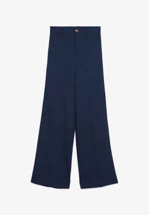 Pantaloni a gamba larga blu navy con una texture liscia, dotati di chiusura frontale a bottone e due tasche laterali, che offrono una vestibilità ampia e strutturata.