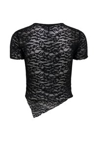 Haut noir en dentelle à manches courtes avec motif floral et ourlet asymétrique, vu de dos.