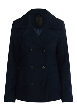 Sötétkék, kétsoros kabát, texturált anyagból készült, nagy fekete gombokkal, félszigetelt gallérral és oldalsó zsebekkel.