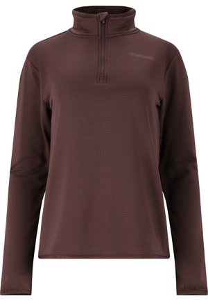 Brauner Langarm-Pullover mit einem Halb-Reißverschluss-Kragen, strukturierter Stoff und einem leicht taillierten Design für mehr Komfort und Beweglichkeit.
