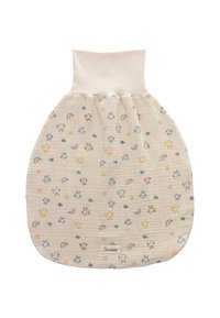 Cotton sleep sack with soft, cream-colored fabric. Features colorful patterns of birds, clouds, rainbows, and sun. Stretchy neckline.