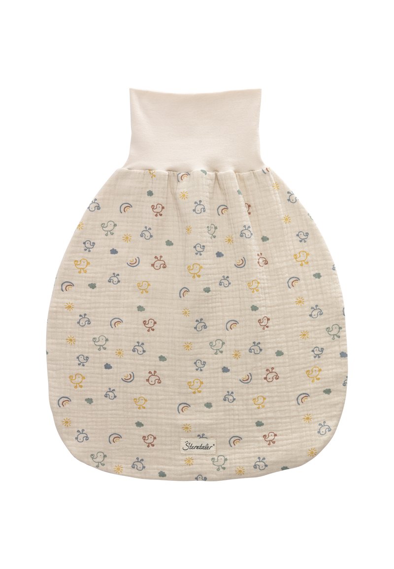 Cotton sleep sack with soft, cream-colored fabric. Features colorful patterns of birds, clouds, rainbows, and sun. Stretchy neckline.