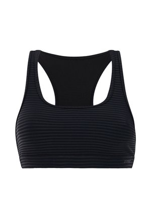 Zwarte sportbeha met subtiele horizontale strepen en racerback-design, met een klein "protest"-logo aan de rechteronderkant.