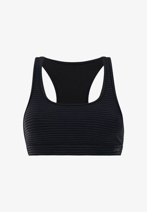 Zwarte sportbeha met subtiele horizontale strepen en racerback-design, met een klein "protest"-logo aan de rechteronderkant.