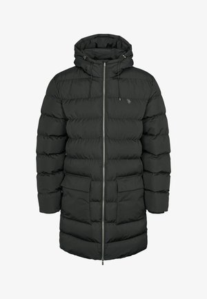 Mustad tikitud pika vahtjakiga mantel kapuutsiga, esine tõmblukk, kaks suurt klapiga taskut ja kapuutsil stringid.