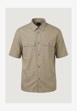 Beige kortærmet skjorte med knapper foran, to forlommer med klap og en klassisk krave, lavet af letvægtsstof.