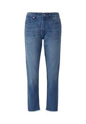 Lichtblauwe denim jeans met een rechte snit, vijf pockets, sluiting met knoop aan de voorkant en licht franjerandjes bij de enkels.