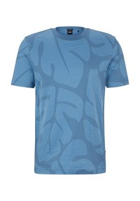 Blå t-shirt med kort ärm och en strukturerad geometrisk mönster. Rund halsringning och rak fåll. Tillverkad av mjukt, andningsbart tyg.