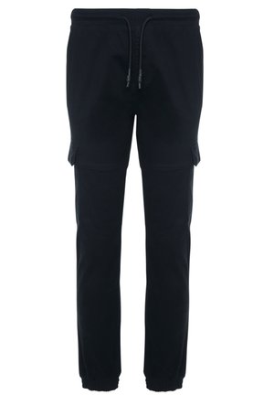 Pantalones jogger cargo negros con cintura elástica, cordón ajustable, bolsillos laterales con solapa y puños elásticos.