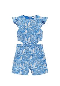 Modra kratek kombinezon z belim listnatim vzorcem, z nabranimi rokavi, stranskimi izrezi in elastičnim pasom. Gladko tekstilno površje.