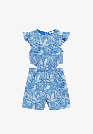 Blue short romper with white leaf pattern, ruffled sleeves, cut-out sides, and an elastic waistband. Smooth fabric texture.