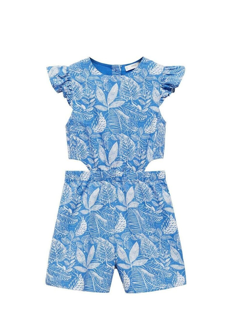 Modra kratek kombinezon z belim listnatim vzorcem, z nabranimi rokavi, stranskimi izrezi in elastičnim pasom. Gladko tekstilno površje.