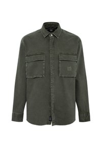 Grüne Baumwollbluse mit einer Vorderknopfverschluss, zwei Brusttaschen und langen Ärmeln. Hat eine reguläre Passform und eine schlichte Textur.