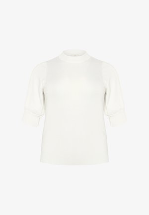 Hvid, kortærmet strikket sweater med høj hals og puffede ærmer. Glat tekstur med ribbede manchetter og kant.