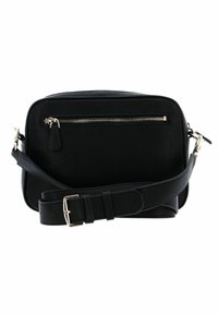 Borsa a tracolla nera in pelle con superficie texture, forma rettangolare, tasca frontale con zip, spalla regolabile e accessori in tonalità argento.