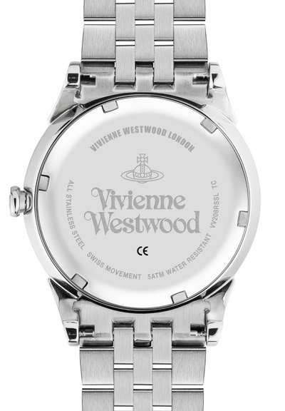 Sústružené puzdro hodiniek z nehrdzavejúcej ocele s gravírovaním, vrátane "Vivienne Westwood London", podrobností o švajčiarskom pohybe a vodeodolnosti, okrúhly tvar.