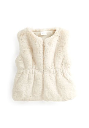 Veste sans manches en fausse fourrure couleur crème avec taille élastiquée et col rond.
