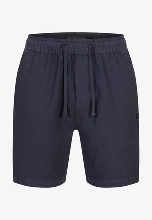 Marinblå simshorts tillverkade av lätt material, med elastisk midja och justerbar dragsko samt sidofickor.