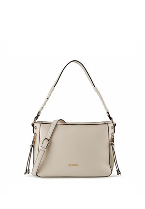 Sac à main en cuir couleur crème avec poignée torsadée, bandoulière réglable, fermetures éclair latérales avec pampilles, et logo doré "LIU JO" sur le devant.