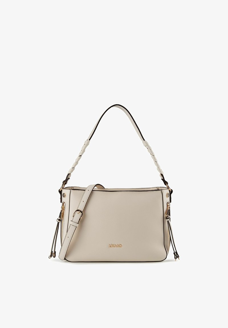 Sac à main en cuir couleur crème avec poignée torsadée, bandoulière réglable, fermetures éclair latérales avec pampilles, et logo doré "LIU JO" sur le devant.