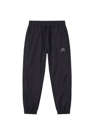 Pantalon de jogging noir fuselé avec taille et poignets élastiques, cordon de serrage, poches latérales et petit logo blanc "pxp" sur la cuisse gauche.