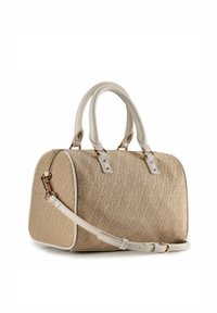 Beige handtas met een gestructureerde stof met een herhalend logopatroon, dubbele bovenhandvatten en een afneembare schouderriem.