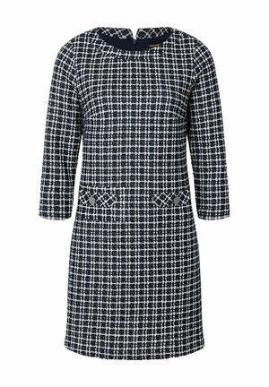 Navy-weiß karierter Kleid mit drei Viertelärmeln, Rundhalsausschnitt, seitlichen Taschen und dekorativen Knöpfen an den Taschen.