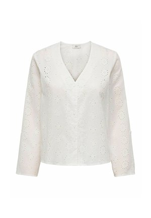 Blusa bianca a maniche lunghe con scollo a V e delicato motivo di pizzo ad occhielli circolari, con chiusura con bottoni sul davanti.