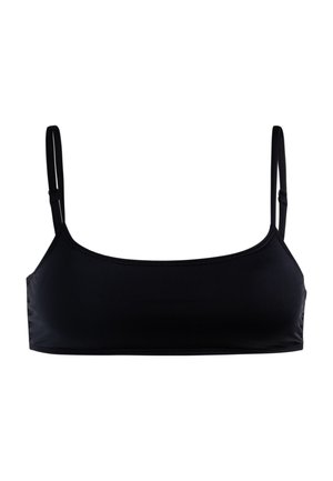 Black bralette made of smooth fabric, featuring thin adjustable straps, a rectangular neckline, and a seamless design with no embellishments.