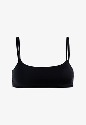 Schwarzer Bralette aus glattem Stoff, mit dünnen verstellbaren Trägern, einem rechteckigen Ausschnitt und einem nahtlosen Design ohne Verzierungen.