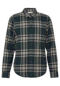 Groene en crèmekleurige geblokte button-up shirt met lange mouwen, een kraag en een borstzak, gemaakt van flanellen stof. Voorzien van zwarte knopen.