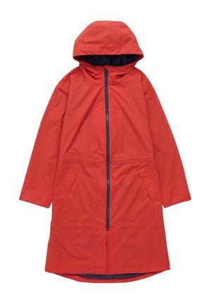 Red hooded raincoat with a front zipper, two side pockets, and a navy lining. Made from lightweight, water-resistant material.